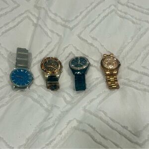 Set of Four Stylish Watches in Blue, Gold, and Silver